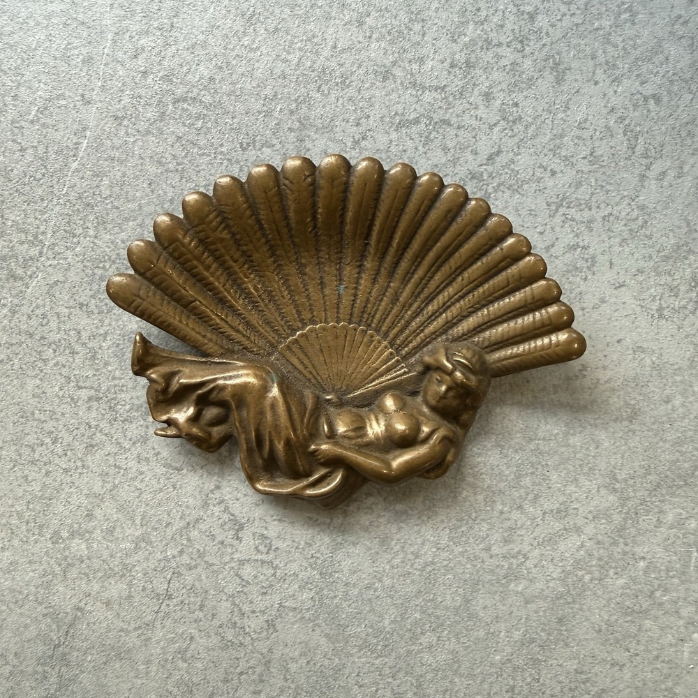 Antique Art Nouveau Cast Bronze or Brass Ashtray With Lady Figure and Fan